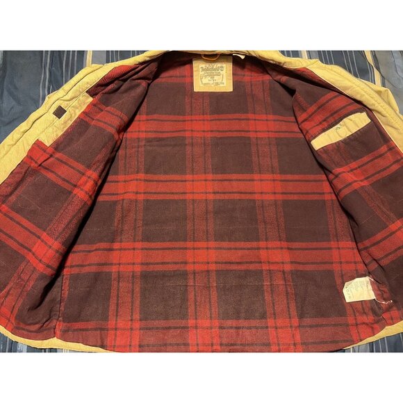 VTG Timberland Mens XXL Beige Canvas Barn Coat Red Plaid Flannel Lining Full Zip - Picture 3 of 12